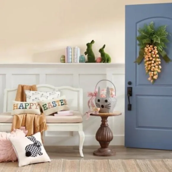 Grandin Road gingham bunny pillow with bow and pompon tail zip close Easter - Picture 7 of 7